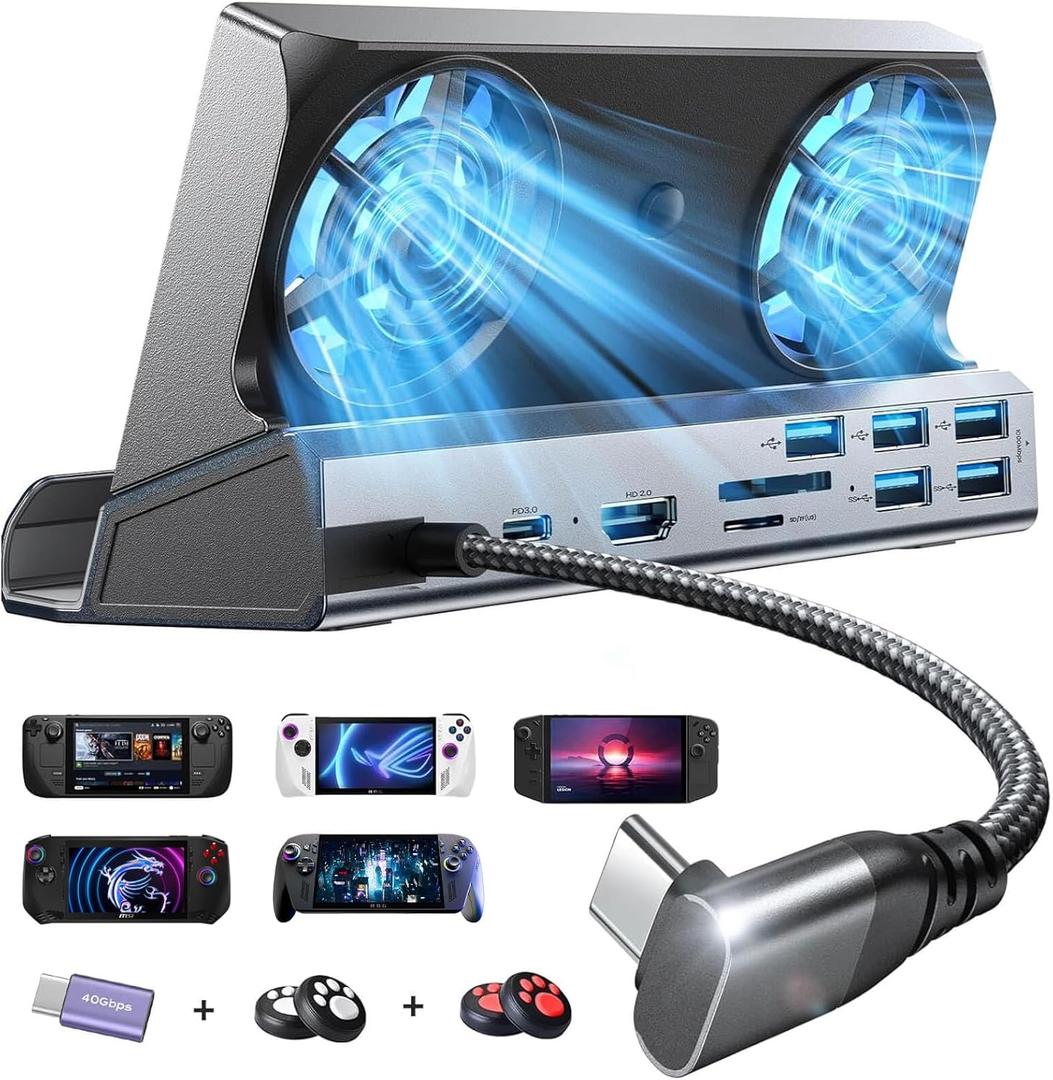 LISEN 10-IN-1 Docking Station for Steam Deck OLED&ROG Ally X&Legion Go, Dual Cooling Fan 5 USB Ports and 4K@60Hz, 100W Charging Port Support ROG Ally 30W Mode, Gigabit Ethernet Fit for Steam Deck OLED