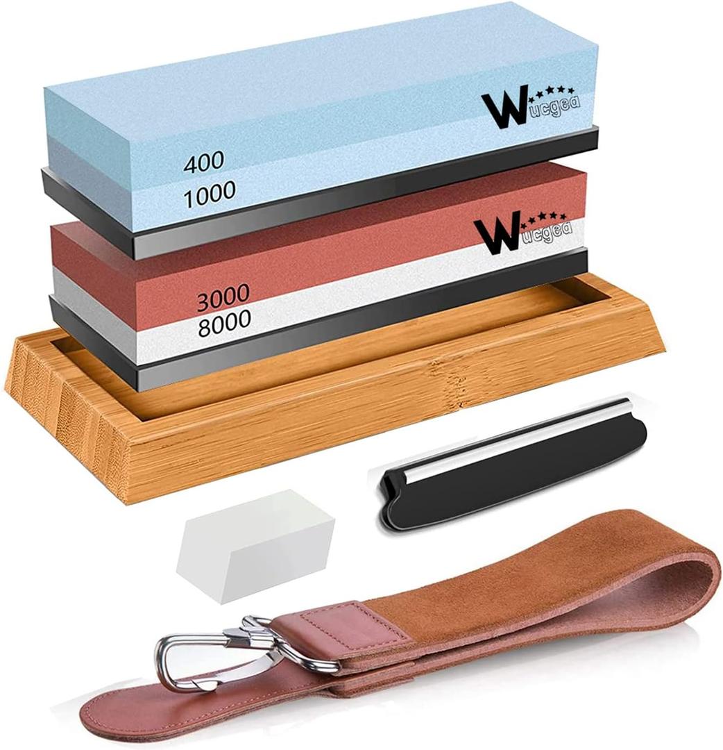 Wucgea Knife Sharpening Stone Kit - 400/1000 3000/8000 Grit Japanese Whetstone Sharpener set with Non-slip Rubber Base Angle Guide Flattening stone and Leather Strop