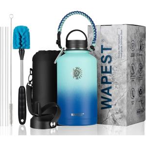 Water Bottle 64 oz with Paracord Handle & Cleaning Brush, Half Gallon Double Wall Vacuum Metal Stainless Steel Insulated Water Flask with 2 Lids and Carrying Pouch, Leakproof and BPA-Free, Mint&Cobalt