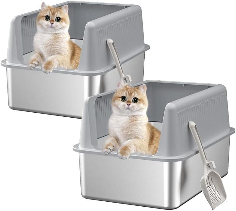 2PACK Stainless Steel Cat Litter Box with Lid,19.7 L x 13.8 W x 11.8H Deep,Large Metal Litter Box with High Side,for Small and Large Cats,Anti-Leakage Non-Sticky Include Litter Scoop