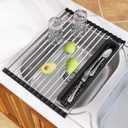 JASIWAY Roll Up Dish Drying Rack, Expandable (12.8"-23.8" D x 12.8" W) Stainless Steel Portable Over The Sink Dish Drainer for Kitchen Sink Counter, Foldable Sink Cover with Removable Utensil Holder (Black)