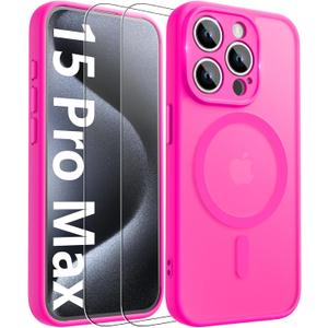 2 x Innaght Magnetic for iPhone 15 Pro Max Case[Compatible with MagSafe][Camera Protection][2+Full Coverage Tempered Glass Screen Protector][Translucent Matte] Drop Protection Phone Case,6.7",Hot Pink