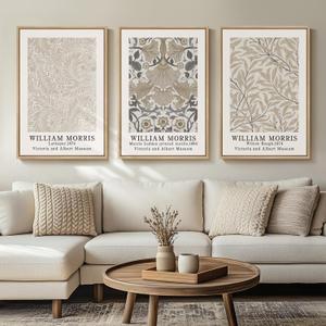 Framed Large William Morris Vintage Wall Art Set of 3, Large Neutral Botanical Floral Canvas Prints, Nature Rustic Boho Artwork for Living Room, Bedroom, Hallway or Office, 24x36 Inch