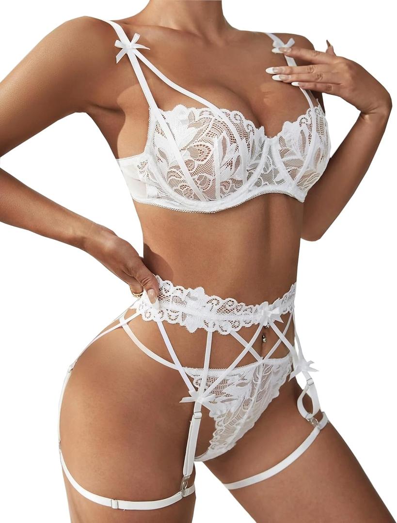 Avidlove Lingerie For Women Floral Lace Garter Lingerie Set Underwire Bra Panty Set With 1pair Leg Ring (Medium, White)