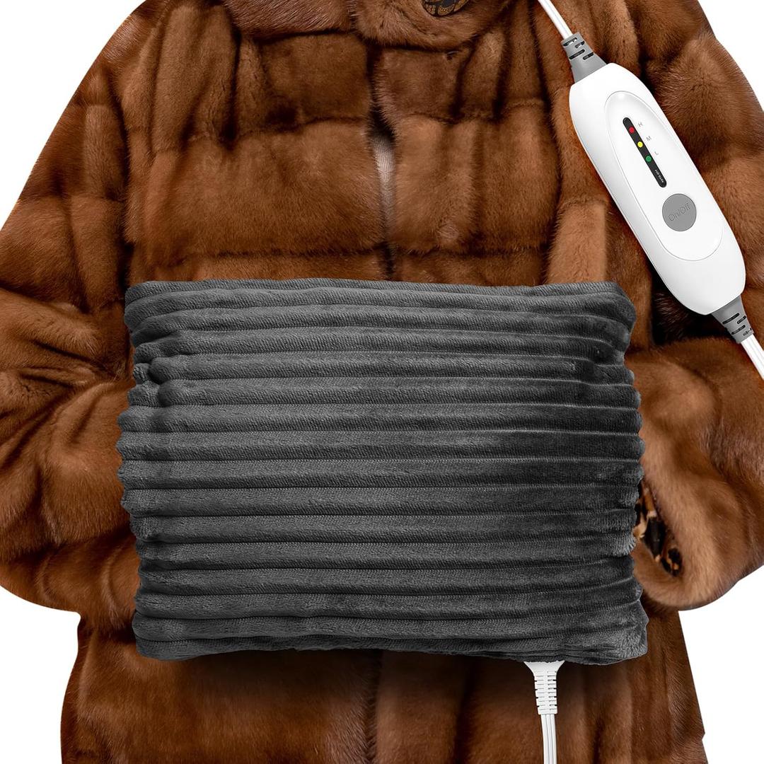 Electric Hand Warmer, Soft Flannel Heated Gloves, Hand Warmer Pouch, Heating Pad for Hands Pain Relief Fingers Arthritis for Women Men Elder, Auto Off & 3 Level, Dark Grey