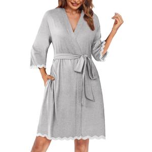 Ekouaer Women Kimono Robe 3/4 Sleeves Loungewear Dress Knee Length Sleepwear Pockets Housecoat Short Bathrobe S-XXL (M)