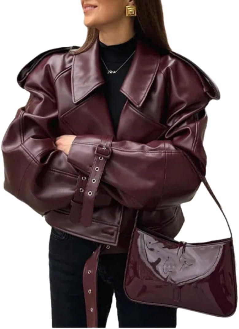 THLAI Womens PU Leather Jacket Long Sleeve Retro Collar Motorcycle Jacket Casual Coat (Purple) L