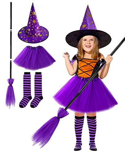 MISS FANTASY Toddler Witch Costume Halloween Witch Costume Accessories Girls Including Witch Hat and Broom Witch Purple Tutu Toddler Striped Witch Socks for 3-5 Kids Hocus Pocus Costume for Toddler