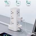 Power Strip Tower Surge Protector, 6FT Flat Plug Extension Cord with Multiple Outlets, 12 AC Outlets 4 USB (2 USB C), Desktop Charging Station with Surge Protection for Home Office Dorm Room, White
