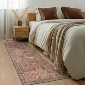 2x8 Runner Rug Machine Washable Boho Runners for Hallway,Ultra-Thin Low Pile Rug,Lightweight Indoor Carpet,Non Slip Floral Runners for Enrtyway, Corridor, Home Office, Kitchen,Terracotta/Indigo