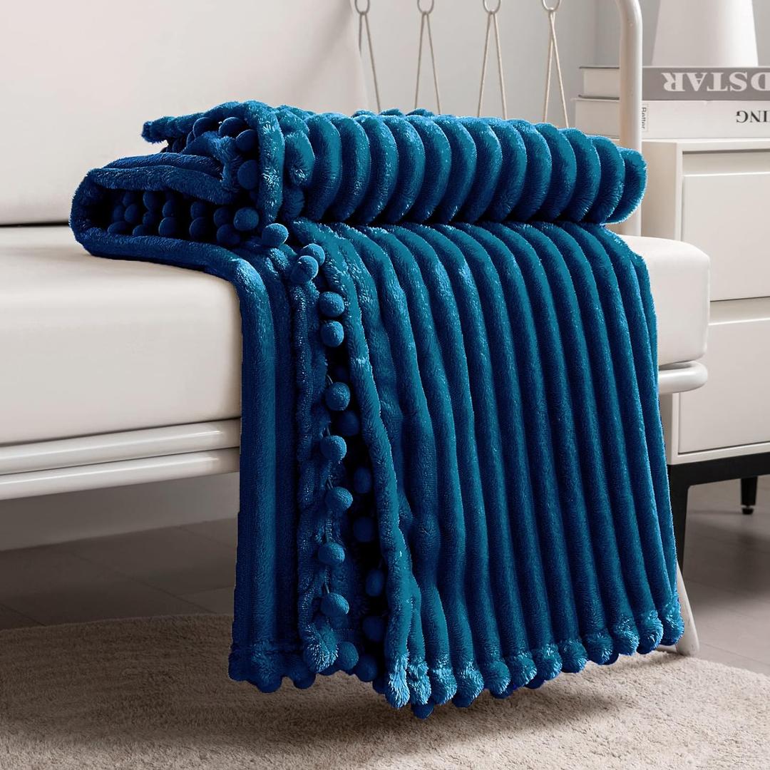 DISSA Fleece Blanket Queen Size  71x80, Blue - Soft, Plush, Fluffy, Fuzzy, Warm, Cozy  Perfect Throw for Couch, Bed, Sofa - with Pompom Fringe - Flannel Blanket