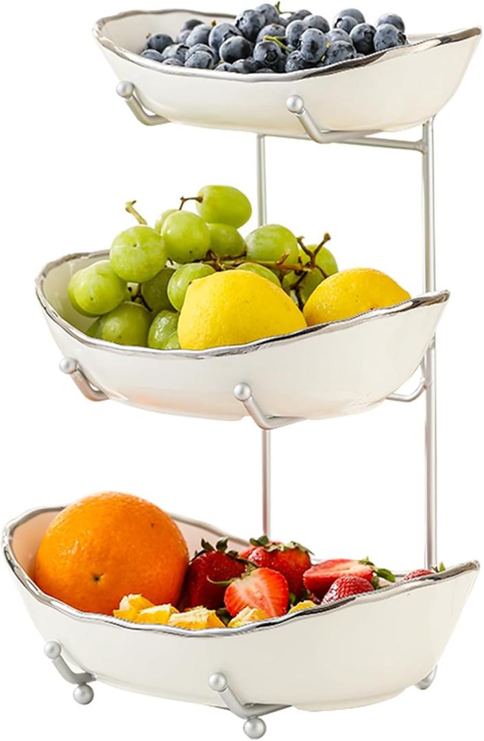Ceramic Fruit Bowl for Kitchen Counter - 3 Tier Fruit Basket with Metal Stand, Tiered Fruit Stand for Countertop, Snack, Nuts, Cake, Dessert, Small & Cute (Silver-rimmed)