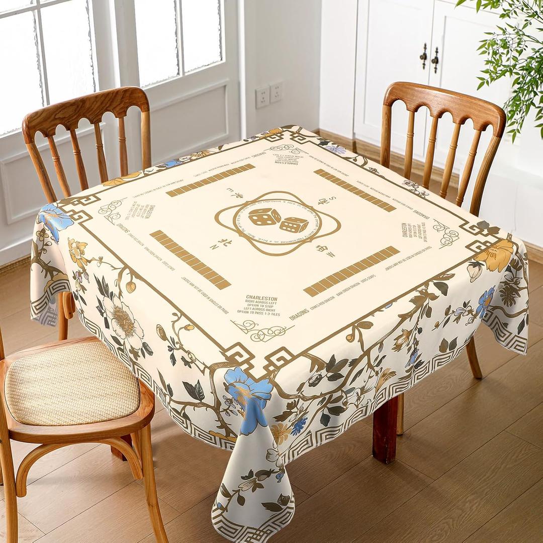 Oudain Chinoiserie Mahjong Tablecloth Florals Card Table Cloth 55x 55 Inch Square Tablecloth Game Table Cover with Game Rules for Mahjong Beginners, Card, Board Tile Games (Beige)