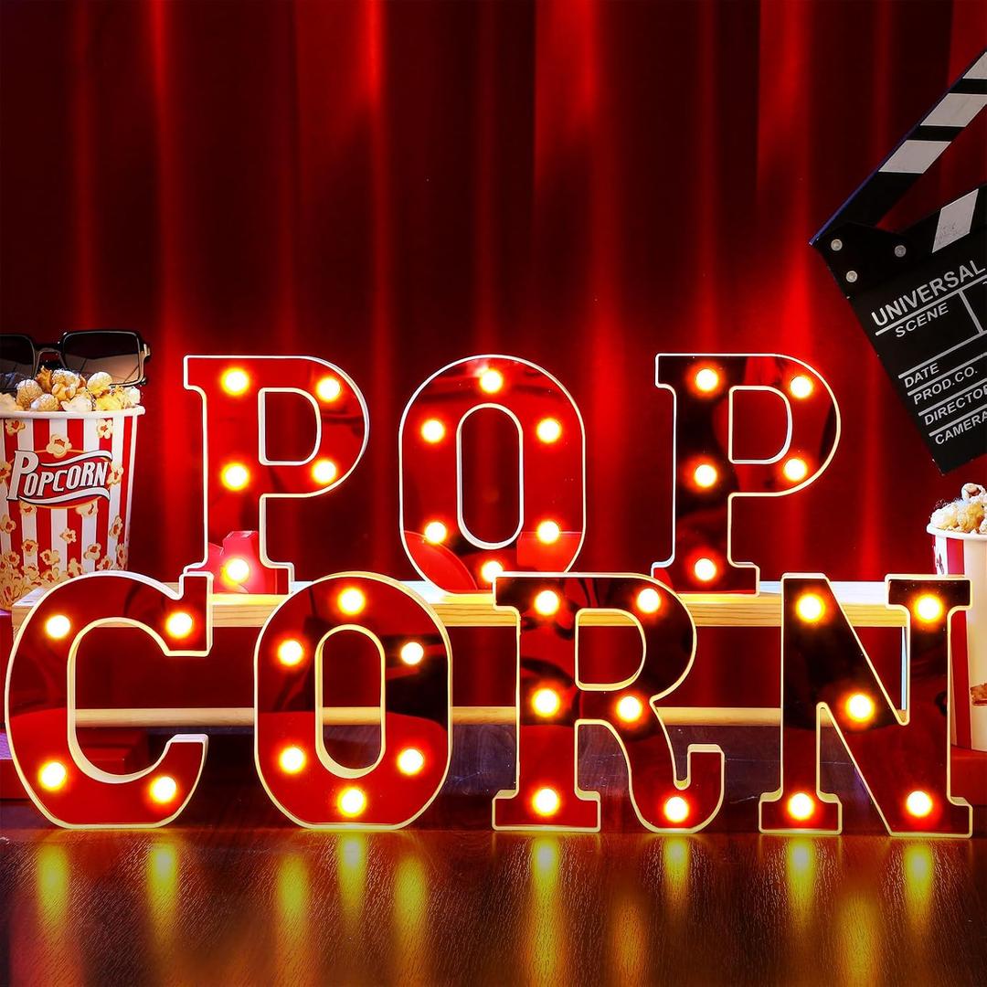 Aurelema Popcorn 6.3" Light up Letters Sign Party Decorations Battery Powered Marquee Lighted Sign LED Alphabet Letter Lights for Christmas Night Party Birthday Home Tabletop Decor Supplies Xmas Gift