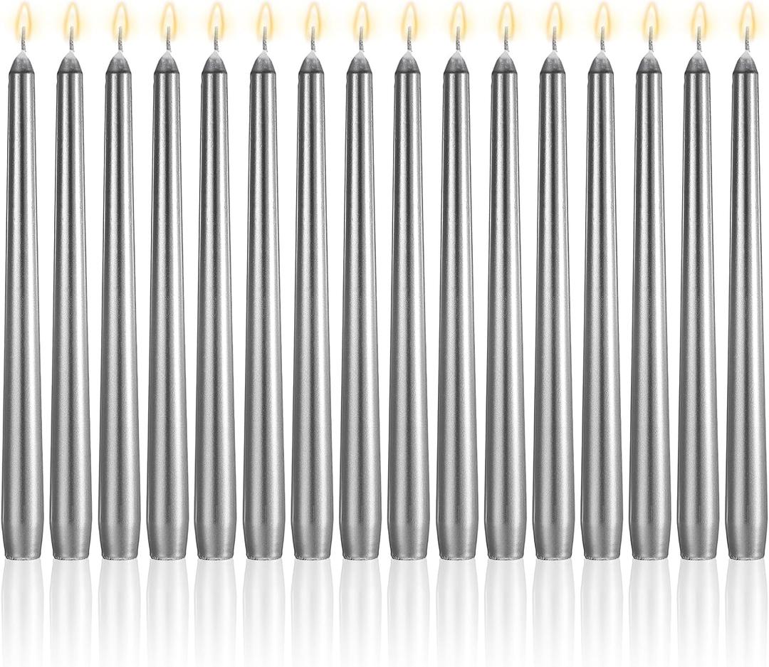 MTLEE 16 Pcs 10 Inch Long Tapered Candle Stick Bulk Smokeless Unscented Burning Candlestick Paraffin Wax with Cotton Wick for Dinner Valentine Wedding Birthday Anniversary Party Church(Sliver) (Silver)