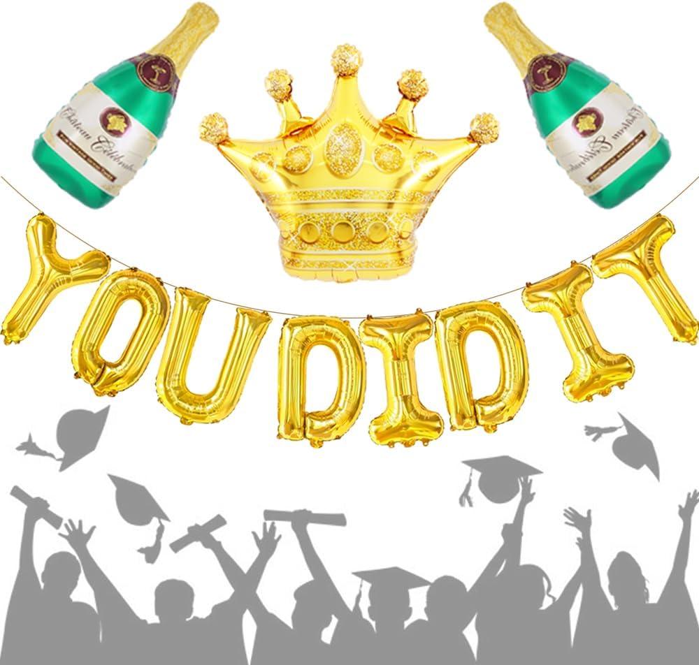 You Did It Gold Letter Balloons, Big 16 Inch Foil Balloons with Crown&Beer Bottles for Mother's Day, Father's Day, Retirement, Farewell, Birthday, College Congrats Grad Graduation Party Decor