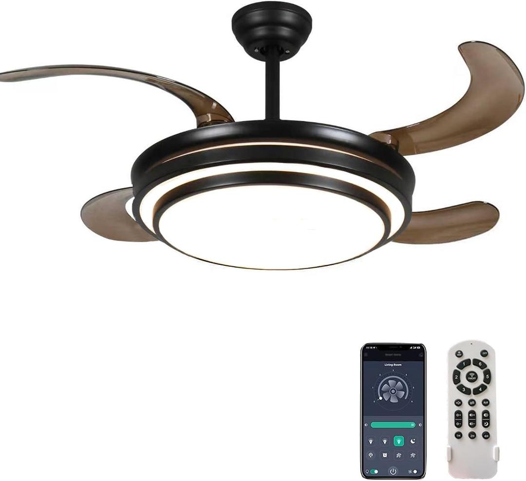 42 Inch Retractable Ceiling Fan with Light and APP/Remote Control, 6 Speed Dimmable Reversible Memory Ceiling Fan, Modern Silent Ceiling Fan for Bedroom, Living Room, Dining Room, Black