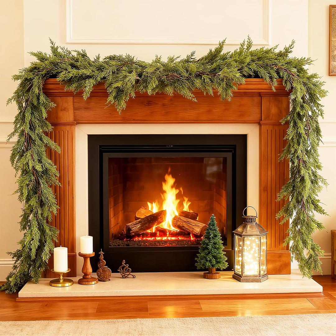 9FT Christmas Cedar Garland, 2Pcs Artificial Real Touch Realistic Greenery Christmas Pine Garland for Fireplace Mantel Table Stairs Indoor Outdoor Holiday Decoration