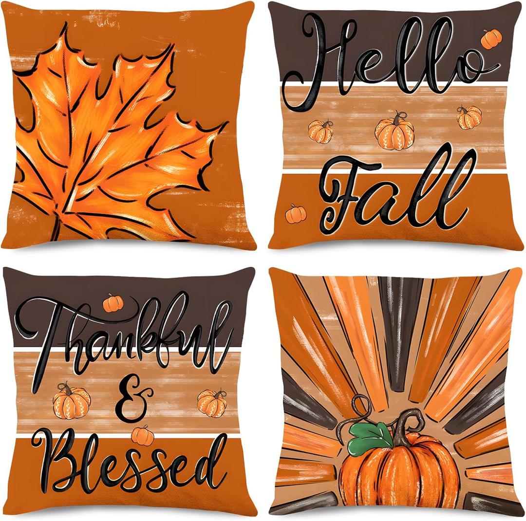 2 x DUZXLCQ Fall Pillow Covers 18x18 inch Set of 4 Pumpkins Thankful Blessed Maple Leaves Autumn Decorative Throw Pillow Covers Farmhouse Cushion Case Harvest Decorations for Couch Sofa Home Outdoor