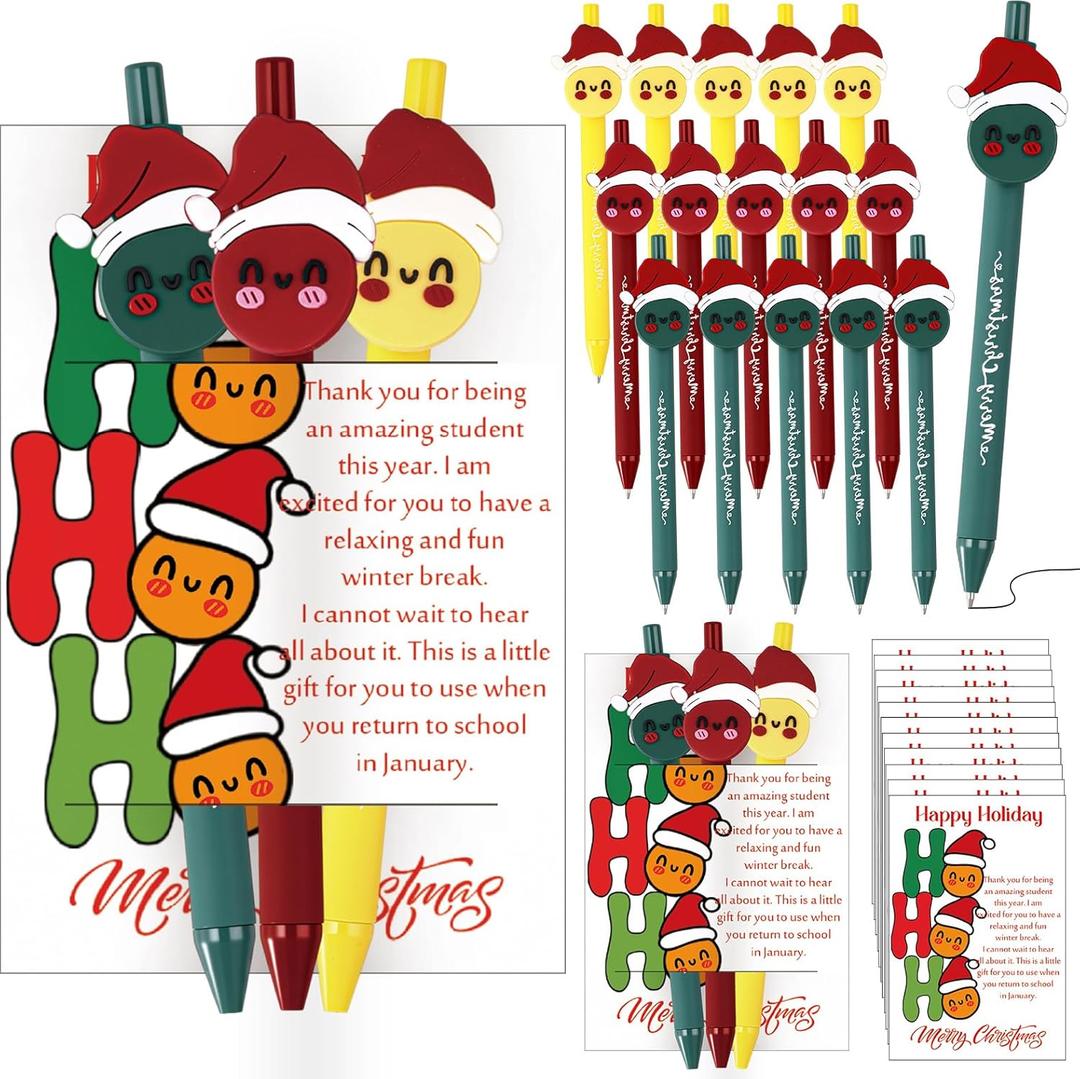 2 x ReliThick 15 Sets Christmas Office Gifts for Christmas Ballpoint Pen with Wish Cards End of Year Gift from Teacher Smile Face with Cap Pen Inspirational Party Favor for Coworkers