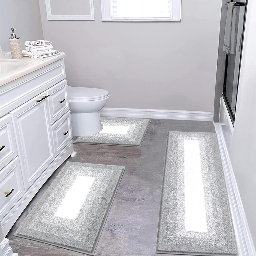 Bsmathom Bathroom Rug Set 3 Piece, Non-Slip Plush Shaggy Bath Mat, Soft Shaggy Absorbent Polyester Bath Rugs Machine Washable Bath Mat with U-Shaped Toilet Mat for Bathroom, Light Grey