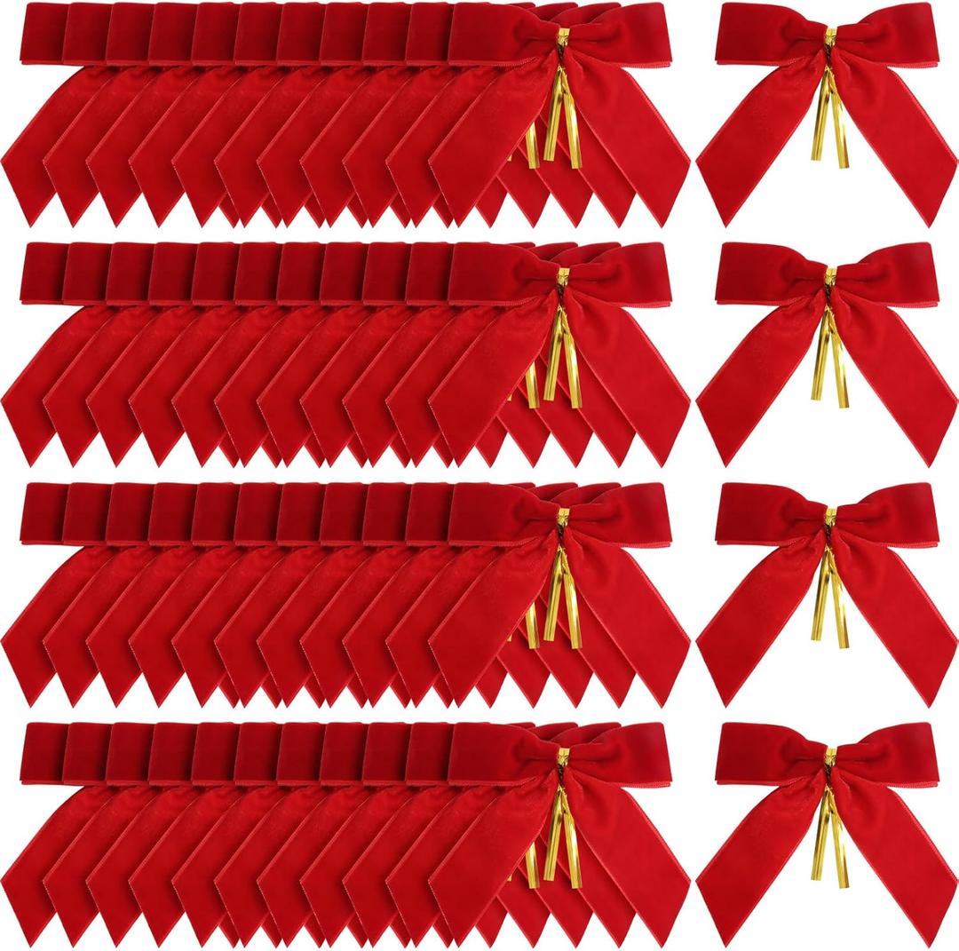 48 Pcs Red Velvet Bows for Christmas Tree, Red Bow Velvet Christmas Tree Bows Ornaments for Gift Wrapping Door Vintage Garland Wreath,Rustic Holiday Decor 1" Wide,3.5 x 3.5 Inch