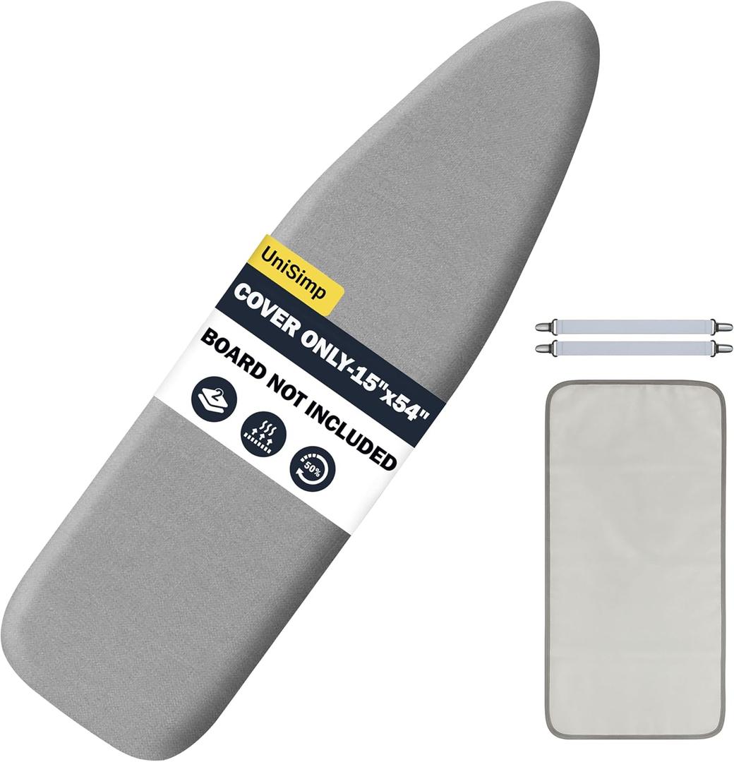 UniSimp Ironing Board Cover and Pad 15"x54" Extra Thick Natural Cotton, Scorch and Stain Resistant Padding, Standard Size Iron Board Cover with Fasteners Heavy Duty Elastic Edge, Heatproof Gray