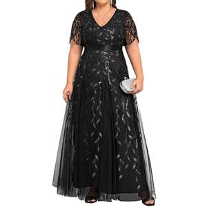 Pinup Fashion Plus Size Formal Dresses - Evening Gowns Wedding Sequin Embroidery V-Neck Prom Long Dress, M-L