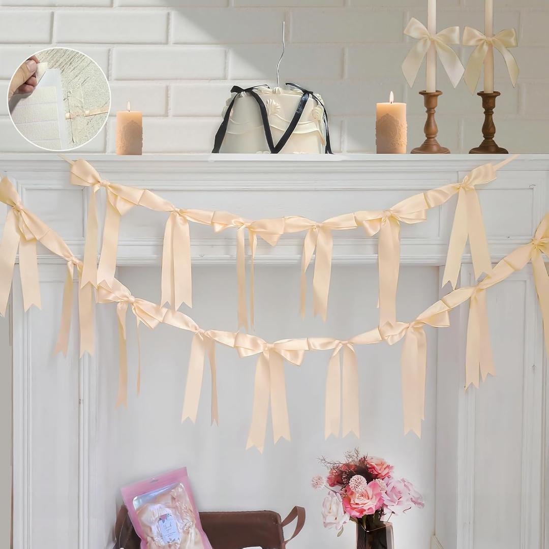 2 Stand Champagne Bow Garland 110" Pre-Assembled Satin Bow Banner | 1 Sheet Masking Tape for Hanging Decoration for Wedding Bridal Shower Coquette Birthday Party (Champagne Gold, 110inch)