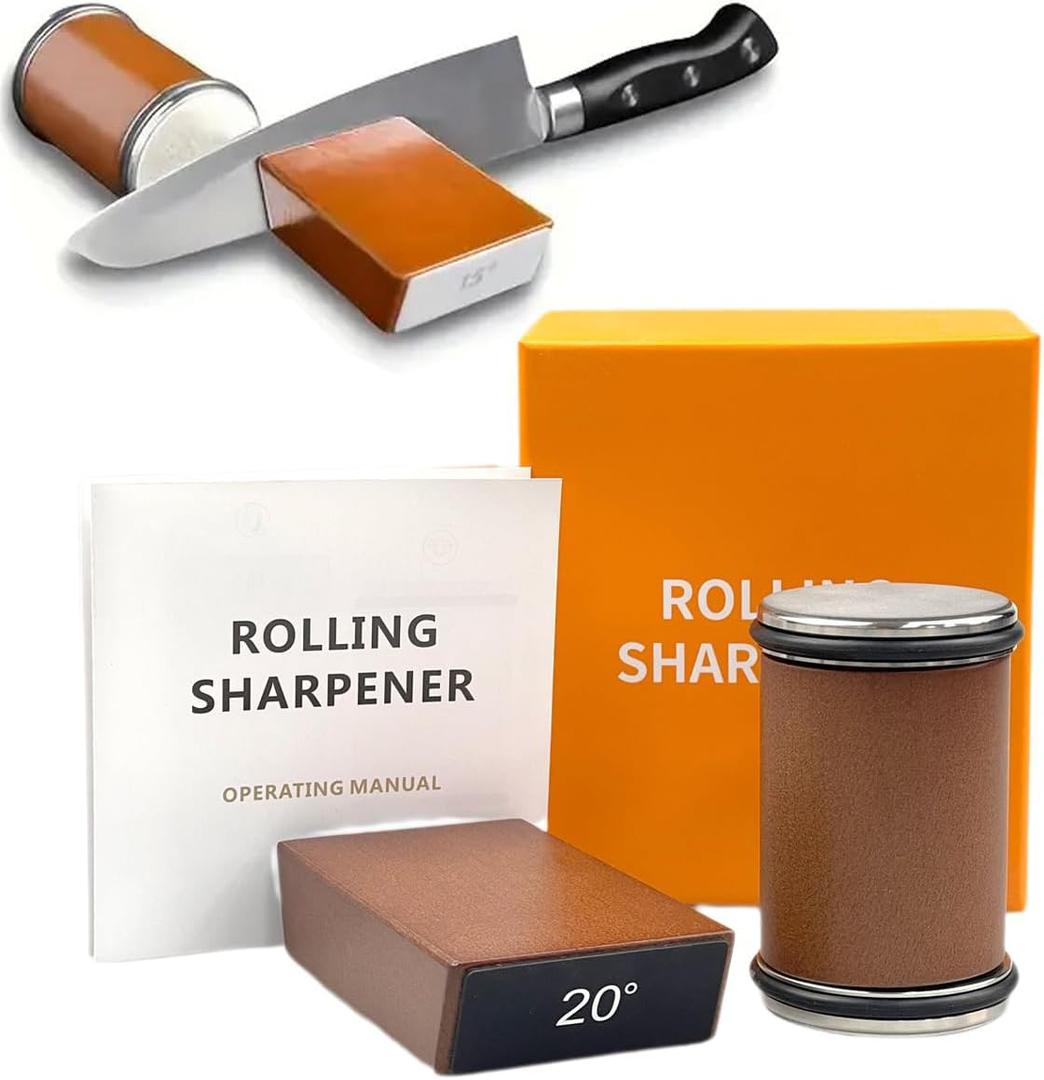 Rolling Knife Sharpener Tool Kit,Rolling Knife Sharpener for Straight Edge with 15 & 20 Degree Angles,Rolling Knife Sharpening Kit with Diamonds Discs for Kitchen Knives-Wood grain black leather