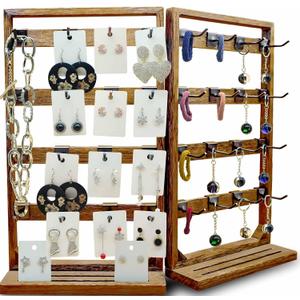 Wooden Foldable Jewelry Display Stand with Removable 32 Hooks, Earring Cards necklace bracelet Keychain Showcase Cascading Merchandise Organizer For Selling For vendor eventsDARK BROWN