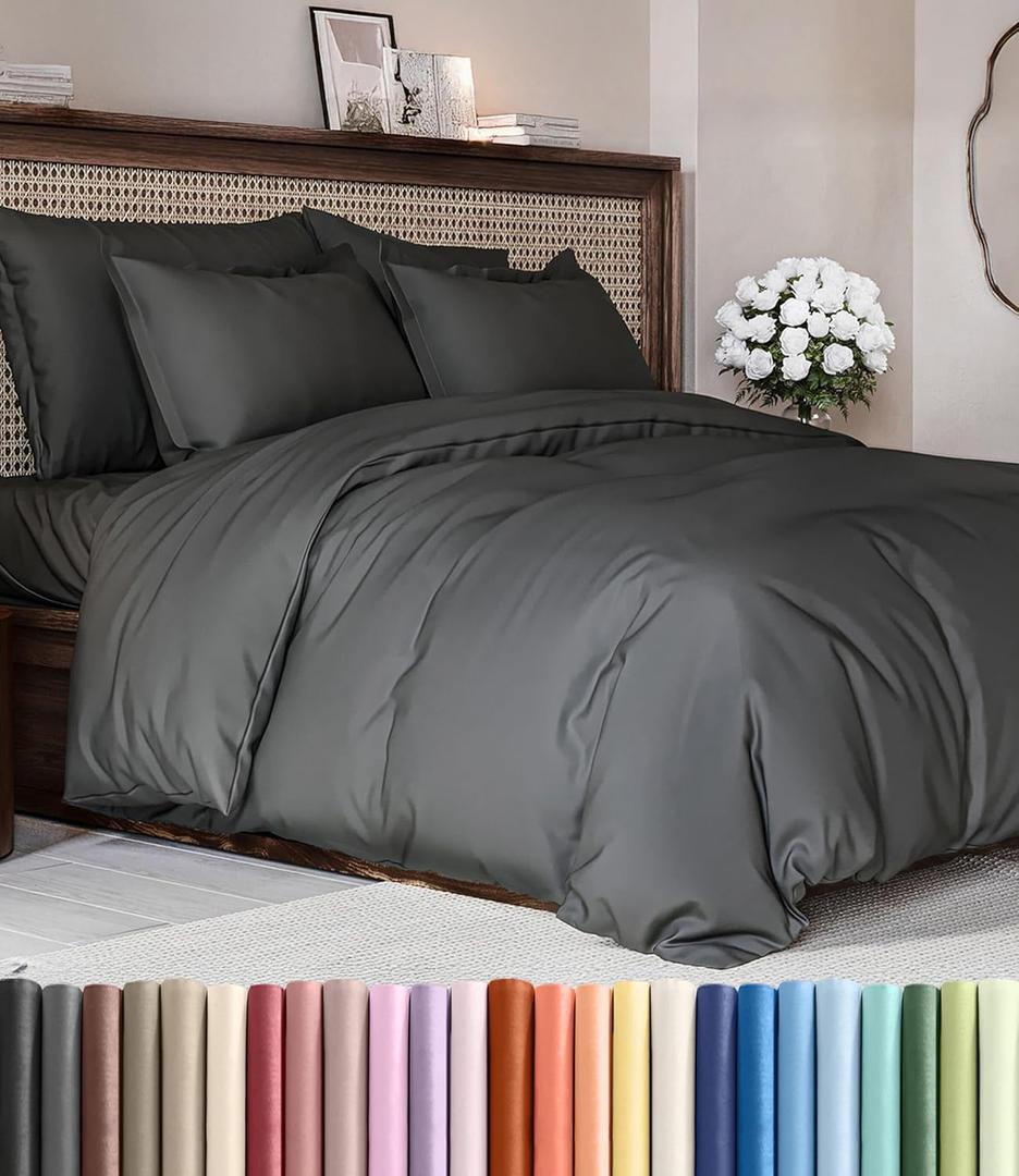 Duvet Cover Cal King Size Set - Extra Soft Cal King Duvet Cover 104" x 98" with 2 Pillow Shams - Hotel Luxury, Easy Care & Fade Free with Zipper Closures & Ties - Comfy, Cozy & Breathable (Charcoal) (09 - Charcoal (No Comforter))