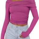 ANRABESS Womens One Off Shoulder Shirts Long Sleeve Slim Fitted Going Out Crop Tops 2025 Fall Outfits Y2K Clothes Hot Pink Small