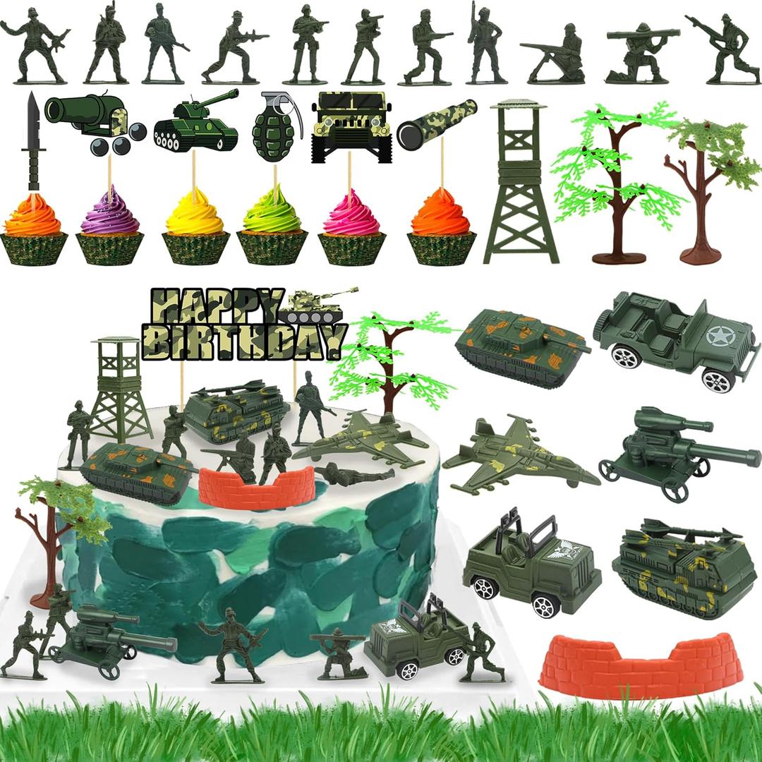 35pcs Camo Cake Cupcake Toppers Camouflage Cake Decorations Army Military Party Supplies with Camo Happy Birthday Cake Topper Army Men Tanks Vehicles for Army Military Themed Party Boys Girls Veteran