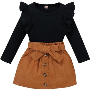 fhutpw Baby Toddler Girl Outfits Fall Winter Clothes Turtleneck Knitted Cotton Long Sleeves Tops & Button Mini Skirts Set (18-24 Months, B Black&brown)