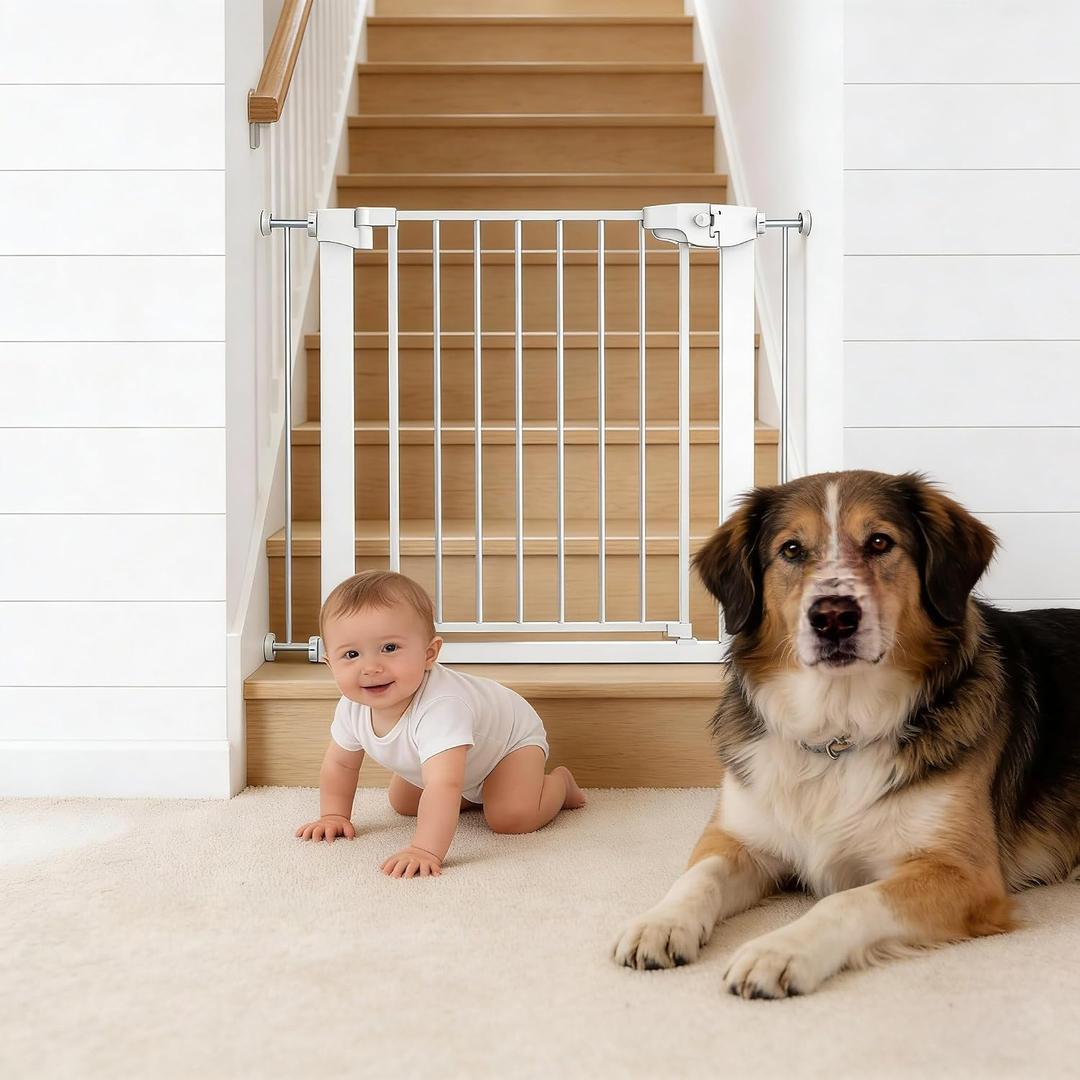 Easy Step Walk-Thru Baby Gate Adjustable Safety Gate for Babies & Pets, Pressure Mount Kit, Includes Wall Cups 29.7-32W x 30.5H, Auto-Close White