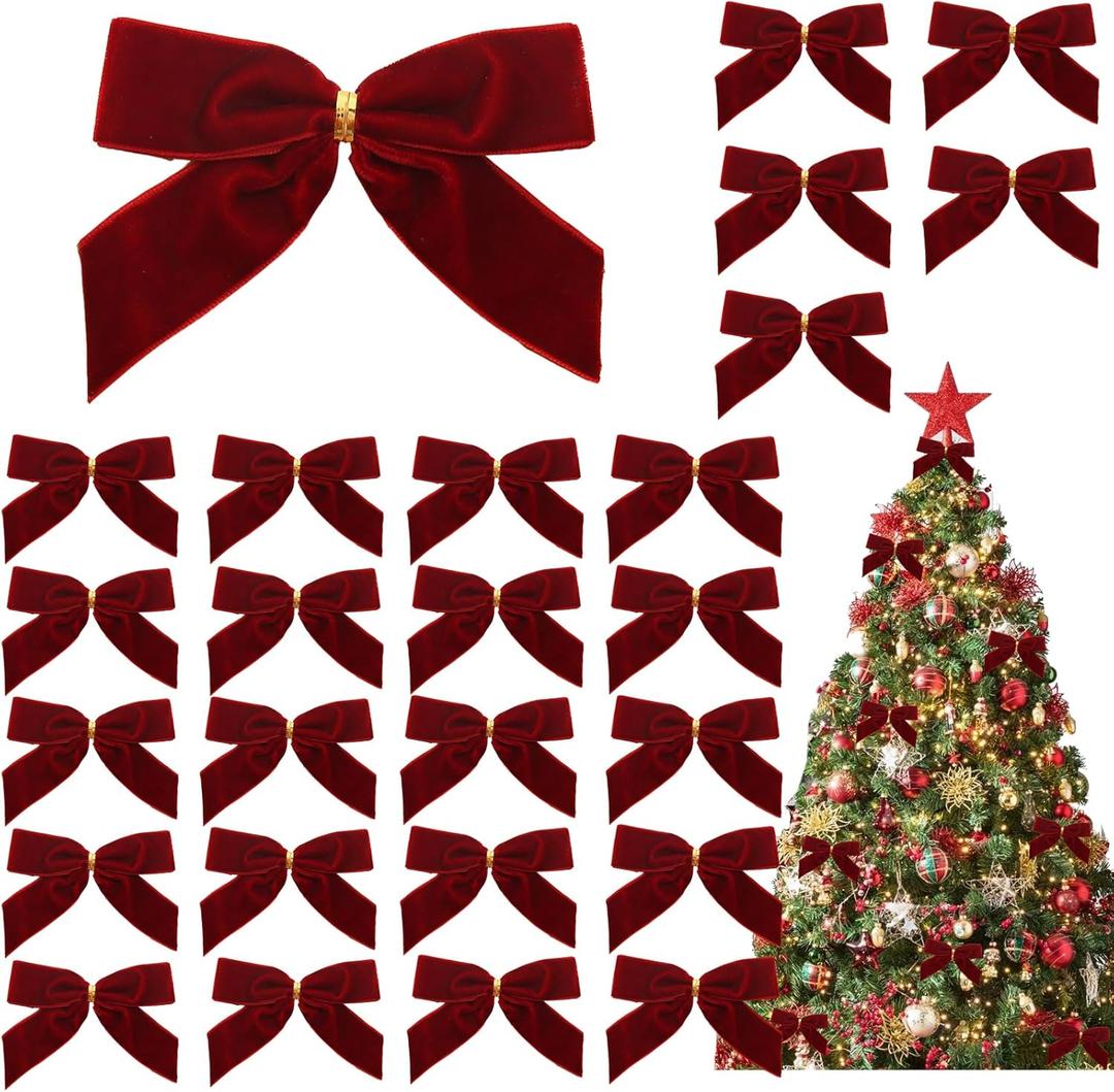 26 Pcs Burgundy Small Velvet Bows Decorations Vintage Christmas Ornaments for Christmas Tree Gift Wrapping Wreath Table Fireplace Garland and Xmas Party (Burgundy Red)