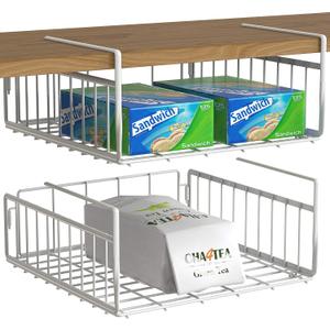 Simple Houseware Under Shelf Basket, White  2-Pack Space-Saving Storage Organizer for Kitchen, Pantry, Closet, Office  Wire Metal Shelf Organizer, No Tools Required