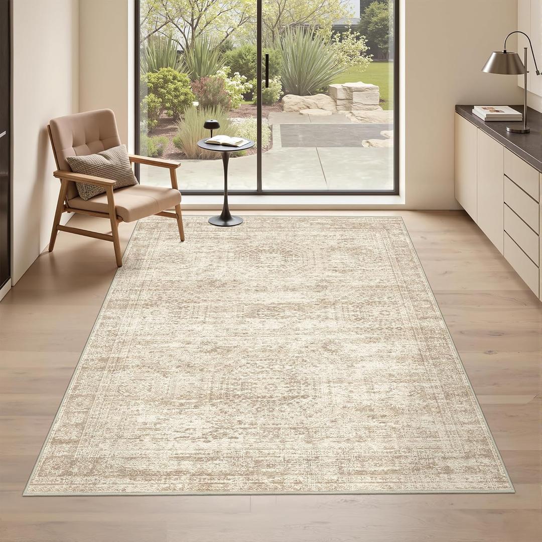 3x5 Washable Area Rug for Entryway, Soft Kitchen Rugs Non Slip for Dining Room, Vintage Abstract Living Room Rug, Thin Area Rugs Indoor for Bedroom, Kids Room Decor(3'x5', Beige/Ivory)