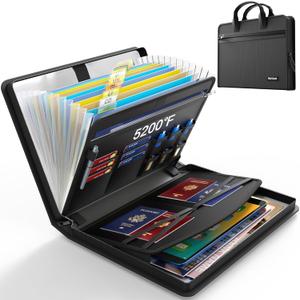 Hontom Accordion File Organizer, 5200℉ Fireproof Document Organizer with 13 Pockets, Portable Travel Home Safe Storage File Folder Binder with Zipper for Letter Important Document, Paper, Receipt