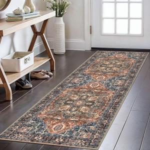 KOZYFLY Runners for Hallways 2x6 Ft Washable Kitchen Runner Rug Boho Runner Rug for Entryway Indoor Printed Oriental Faux Wool Floor Carpet Runner for Bedroom Kitchen Hall, Red/Navy Blue/Brown
