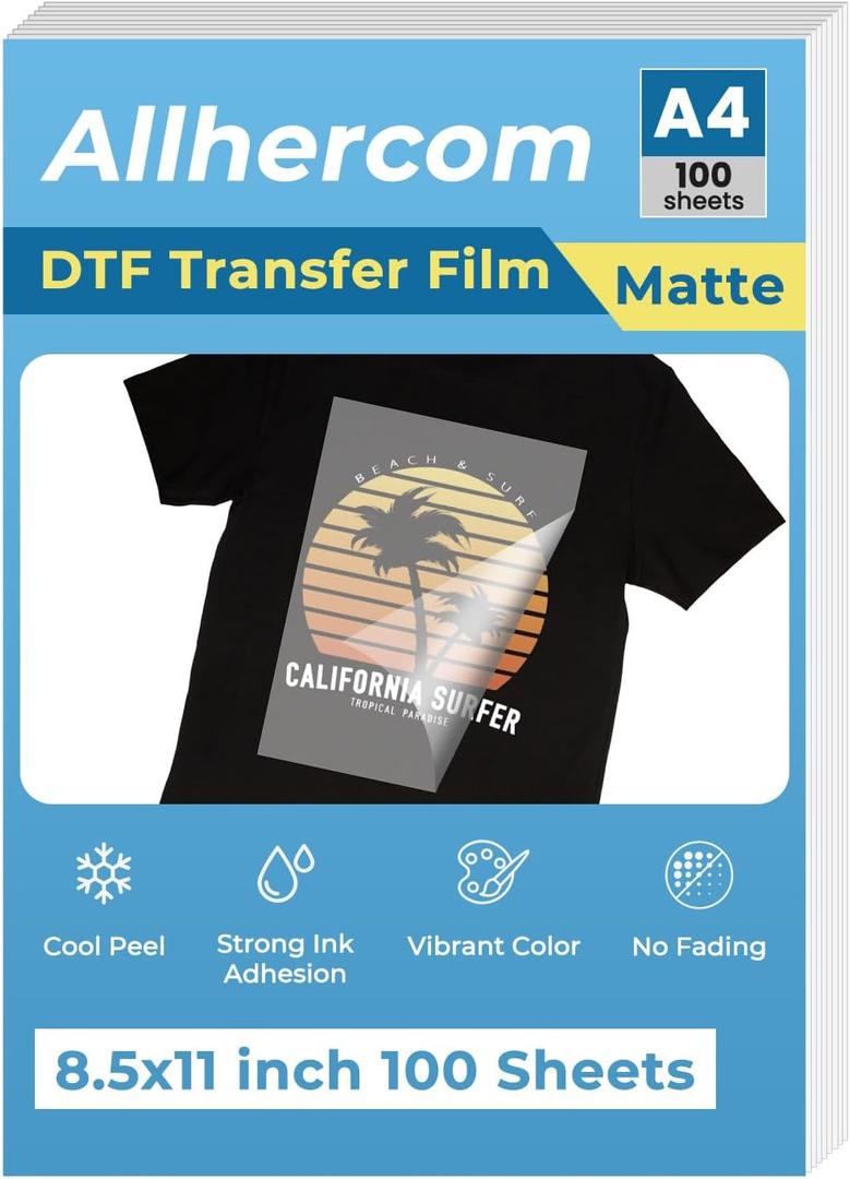 DTF Transfer Film - A4 Direct-to-Film Matte Clear Pretreat Sheets for T-Shirts Printing, PET Heat Transfer Paper for Epson Inkjet Printer DTG Printer, DIY Dark or Light Colors Fabric (A4 100 Sheets)