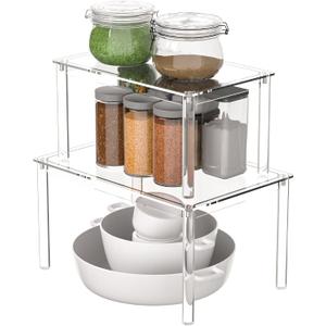 Sezanrpt Acrylic Cabinet Organizer Shelf Set of 2, Clear Kitchen Counter Shelves Spice Rack, Pantry Kitchen Storage, Stackable, Expandable, Moisture Resistant