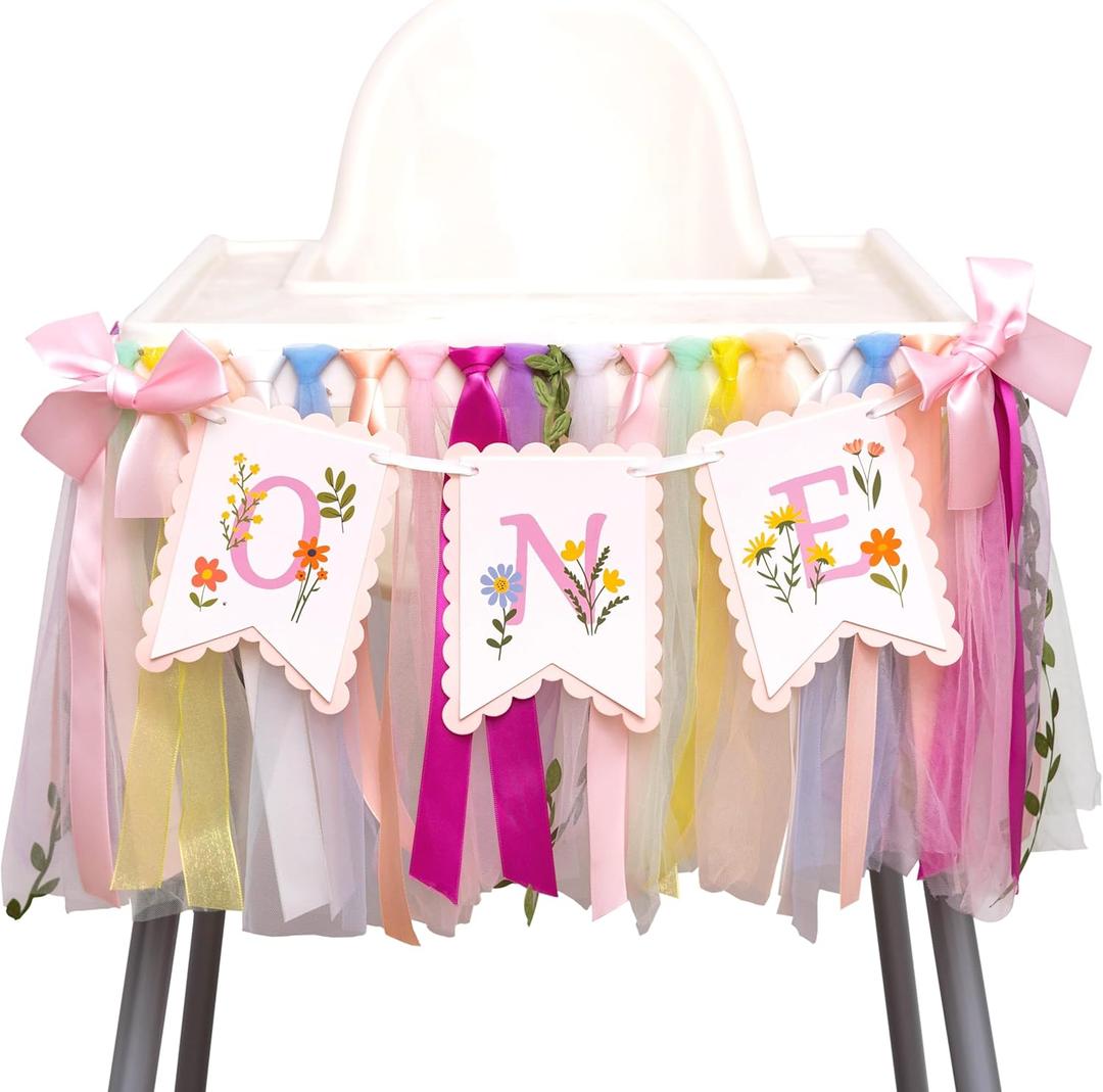 Wildflower Highchair Banner - Flower Fairy First Birthday High Chair Banner, Wild One Flowers 1st Birthday Decorations for Party, Anniversary, Cake Smash, Photo Prop