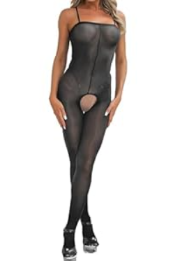 Women's Bodysuits Pantyhose Bodystocking Ultra Shimmery Stretch Toe to Bust Crotchless Body Stocking Lingerie (Black) (One Size)