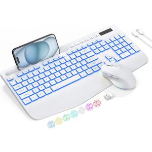 Wireless Keyboard and Mouse Combo with 7 Colored Backlits, Wrist Rest, Rechargeable Ergonomic Keyboard with Phone Holder, Silent Lighted Full Size Combo for Windows, Mac, PC, Laptop-Trueque (White)