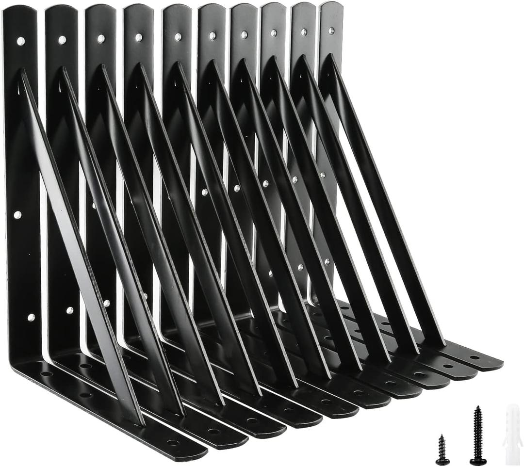 HOME MASTER HARDWARE Heavy Duty Shelf Brackets 12 inch x 8 inch Metal Shelves Supports 90 Degree Triangle Wall Mount Angle L Bracket for Floating Shelving with Screws Black 10-Pack