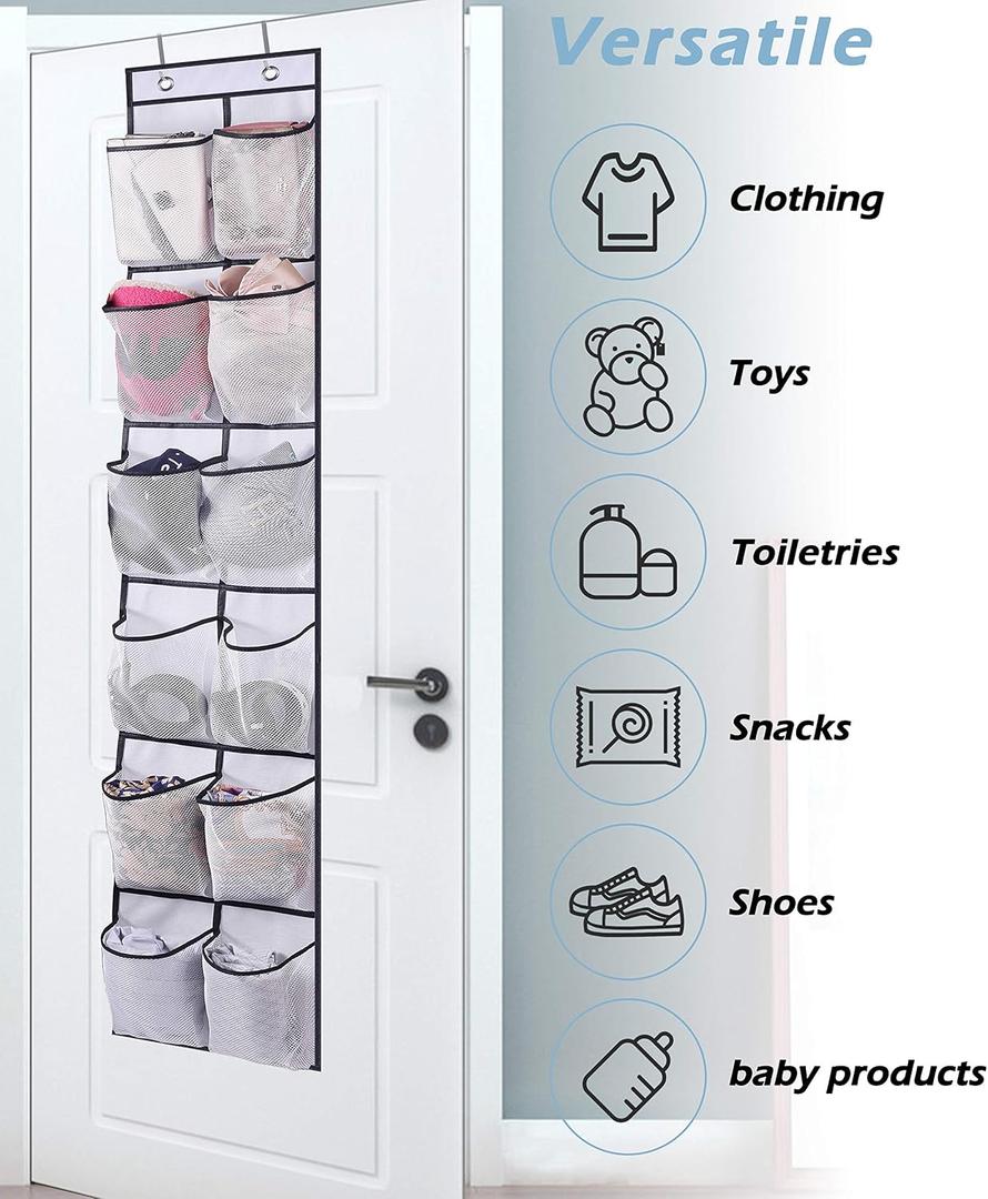 MISSLO Over The Door Shoe Organizer 12 Large Mesh Pockets Hanging Narrow Closet Door, White, 1 Pack