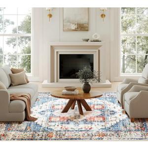 Washable 6x9Area Rugs, Rugs for Living Room, Low-Pile Water&Stain Resistant Carpet Vintage Distressed Printed Non-Slip Carpet for Bedroom Bathroom Kitchen-Blue