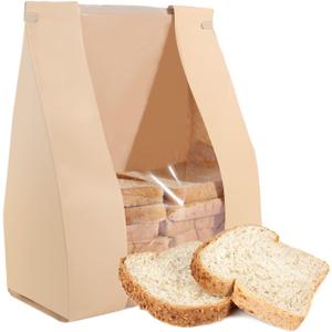 AeKahtay 50 Pack Bakery Bags with Window, 13.8 x 9.4 Inch Large Paper Bread Bags for Homemade Bread, Tin Tie Tab Lock Brown Window Bag for Toast, Cookie, Loaf, Candy, Nuts
